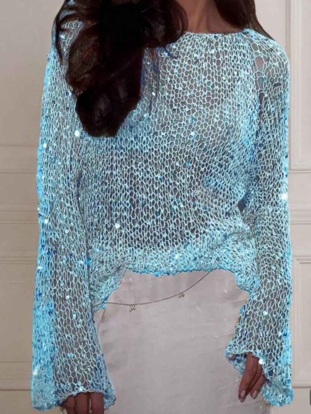 Light Blue Sequin Open-Knit Lightweight Women’s Sweater